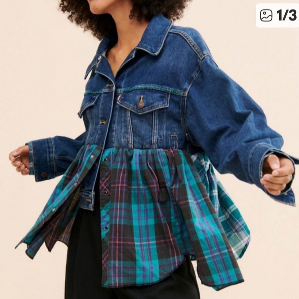 Free People Denim Jacket with Plaid Accents